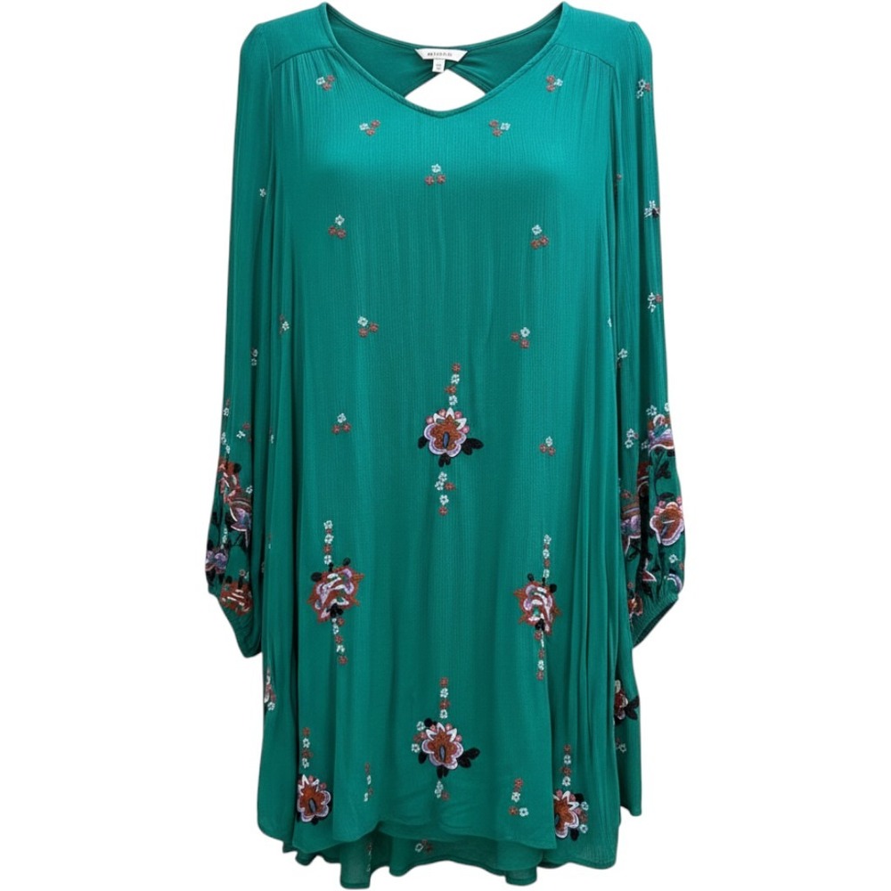 Free People Green Embroidered Floral Gauze Mini Dress Long Sleeve L Pockets